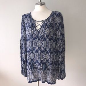 Max Studio Blue Paisley Boho Top Long Sleeve Size Large